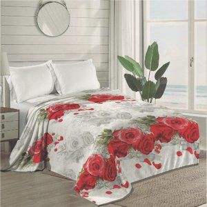 Floral Blanket White Base with Red Roses - King Size